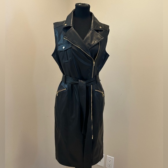 Calvin Klein Faux Leather Moto Dress Size 12 Black - Picture 4 of 11